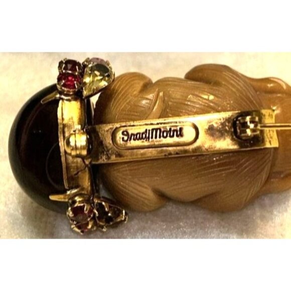 Vintage Leadwood Hear NothingMonkey Brooch With Gemstone Accents By Inadimoini - Picture 6 of 10